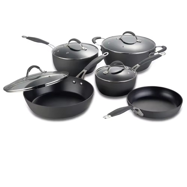 L ElitePan Series - 5-piece cookware set in black/orange aluminum. Includes saucepans, casserole, fry pan, and deep fry pan. $139.99 with free shipping!