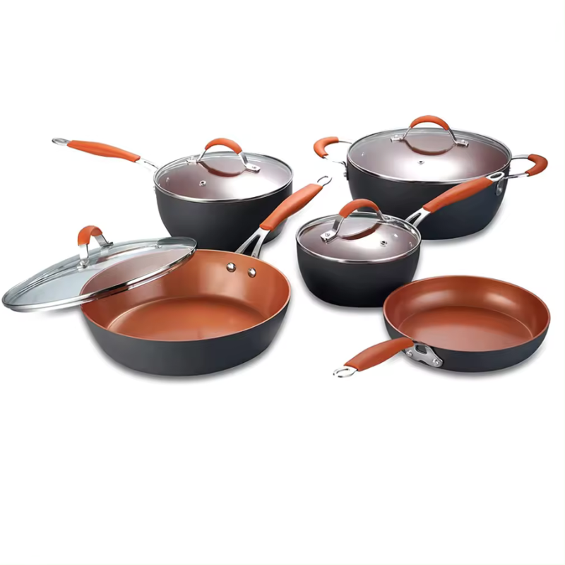 L ElitePan Series - 5-piece cookware set in black/orange aluminum. Includes saucepans, casserole, fry pan, and deep fry pan. $139.99 with free shipping!