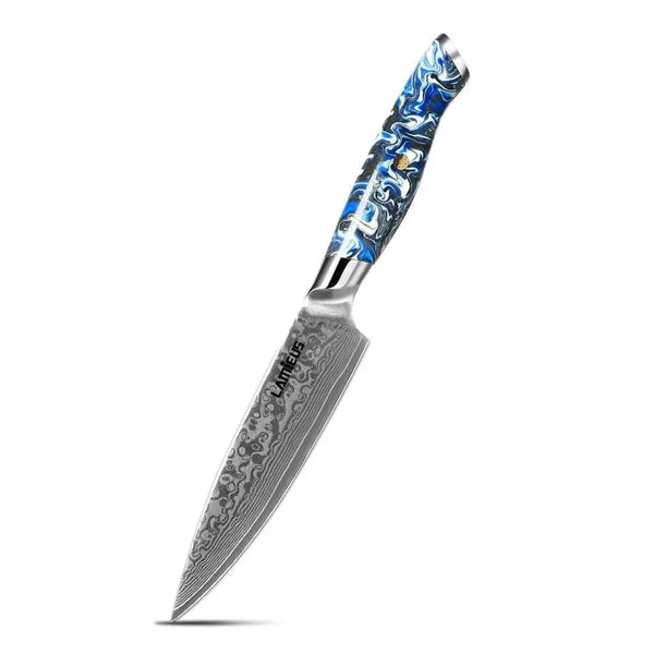 L Aeon Knife Collection: Bread, Utility, and Paring knives with Damascus steel blades, ocean-blue resin handles, and full tang bolsters. Exudes culinary precision and durability.