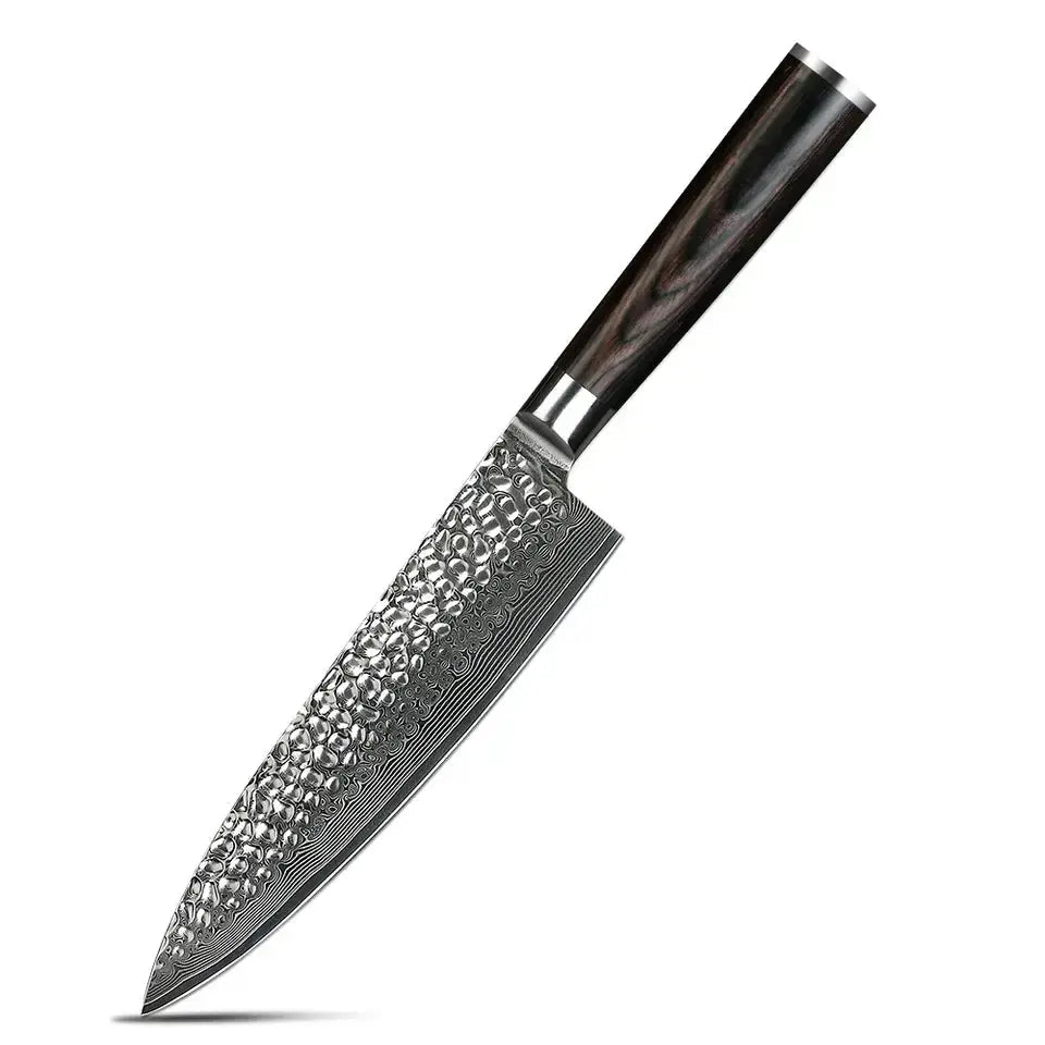 the L Crafi Knife, featuring a high-grade Damascus steel blade and a premium Pakka wood handle. The knife exudes craftsmanship and durability, promising precision in every cut. A symbol of culinary excellence and professional expertise.