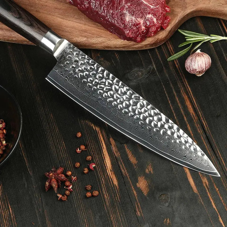 the L Crafi Knife, featuring a high-grade Damascus steel blade and a premium Pakka wood handle. The knife exudes craftsmanship and durability, promising precision in every cut. A symbol of culinary excellence and professional expertise.