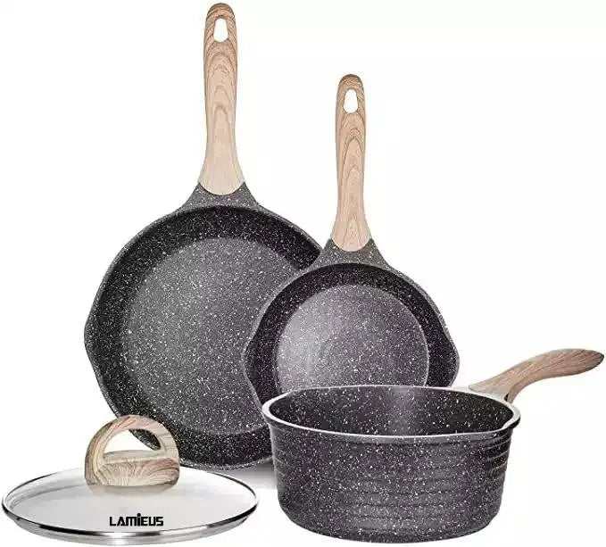 L Premium Nonstick Cookware Set: Eco-friendly granite material, certified safe. Nonstick surface for easy cooking. Compatible with all stoves, including induction. 1-year warranty for durability