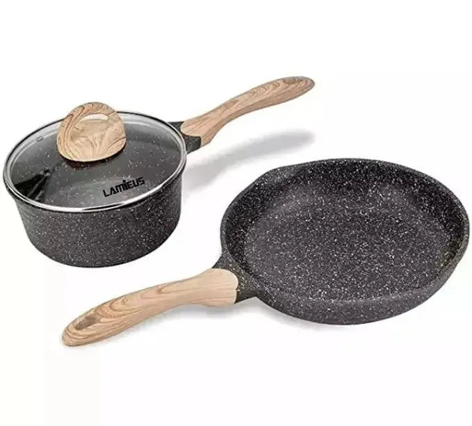 L Premium Nonstick Cookware Set: Eco-friendly granite material, certified safe. Nonstick surface for easy cooking. Compatible with all stoves, including induction. 1-year warranty for durability