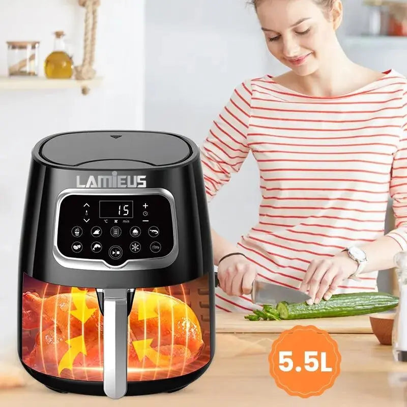 L Prime Oven Airfryer: Culinary innovation by Lamieus. 5.5L capacity, 7 pre-set programs, smart touch screen, adjustable temperature control, 360-degree rapid air technology. 1-year warranty.