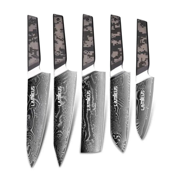 Lamieus L Pro Blade Knife Set: Authentic 67-layer Damascus steel, ergonomic handles, 1-year warranty.