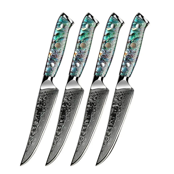 Discover the L Quest Knife Set: Crafted from 67-layer Damascus Steel, each blade offers precision and durability. With an elegant Abalone handle and a 1-year warranty, elevate your culinary experience