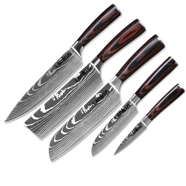 Elevate your culinary experience with the L Versa Knife Set. Crafted from premium Damascus steel, each blade offers precision and durability. Backed by a 1-year warranty, experience unparalleled quality in every cut