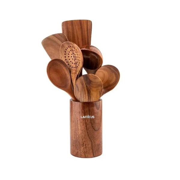 L Wooden Kitchen Utensils: Durable teak set with comprehensive tools, easy to clean and store. Includes spoon rest, holder, and 6-month warranty. Lamieus.