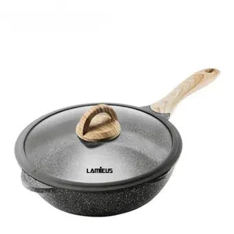 LuxeL Nonstick Granite Frying Pan: Durable cast aluminum core with eco-friendly coating. Versatile, heats evenly, compatible with all cooktops. Effortless cleanup, dishwasher safe. 1-year warranty.